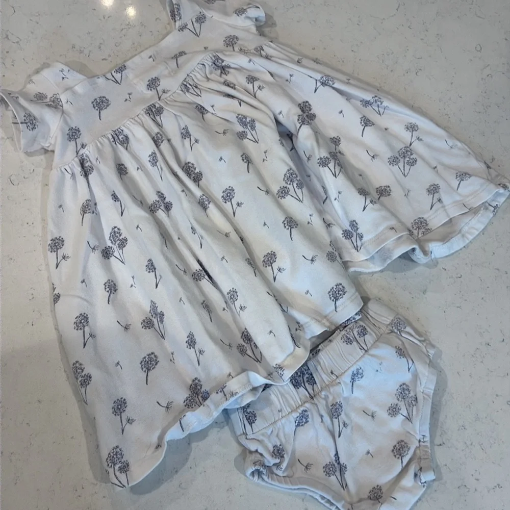 Vignette Short Sleeve Dress in White w Purple Dandelions.  Size 0-3M